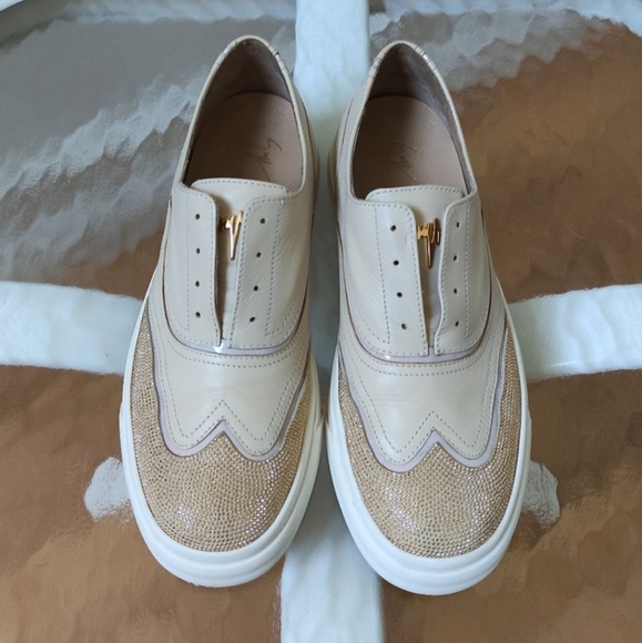Giuseppe Zanotti Beige Leather Slip On Sneakers with Gold Studs Women's 39 - Picture 2 of 15